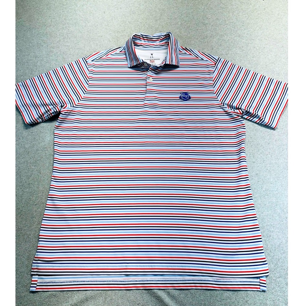 Fairway & Greene Mens M Red Golf Shirt White Blue Striped Carlton Woods Crest